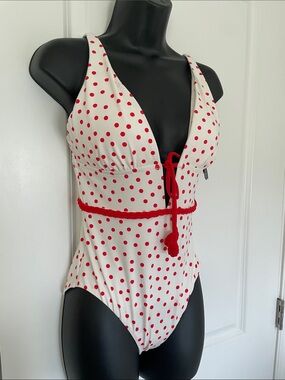 NWT Calia Tummy Control One piece swimsuit White w/ Red Polka Dots braided belt